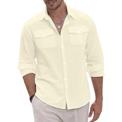 Threebooy Cotton Linen Men Shirt Solid Color Double Pocket Long Sleeve Top Spring Summer Fashion Casual Beach Breathable Comfortable Shirt