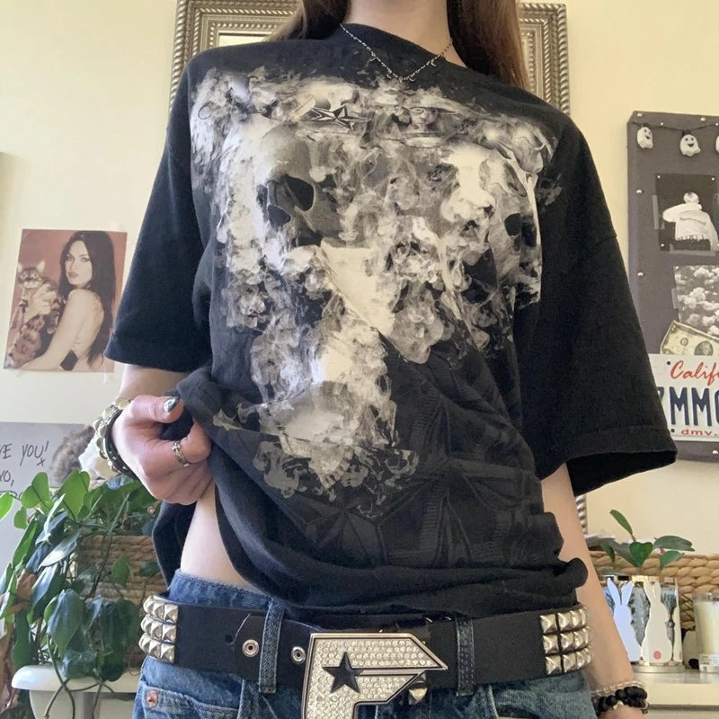 Threebooy 2000s Vintage Aesthetic Crop Tops Emo T Shirt Y2K Fairy Grunge Clothes Women Gothic Skull Skeleton Graphic Print Tees Shirts