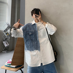 Threebooy Denim Patchwork White Shirt Men Lapel Long Sleeve Button Loose Tops Spring Autumn Fashion Vintage Shirts Streetwear Male