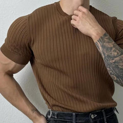 Threebooy Summer New Men Thin Knitted T Shirts Slim Fit Elastic Short Sleeve O Neck Tee Fashion Solid Color Ribbed Muscle T-shirt Male
