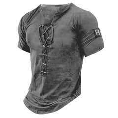 Threebooy New Men V-neck Vintage T-shirt Short Sleeve Casual Cotton Tee Top Summer Fashion Lace Up 3D Digital Printed Tshirts Man Clothing