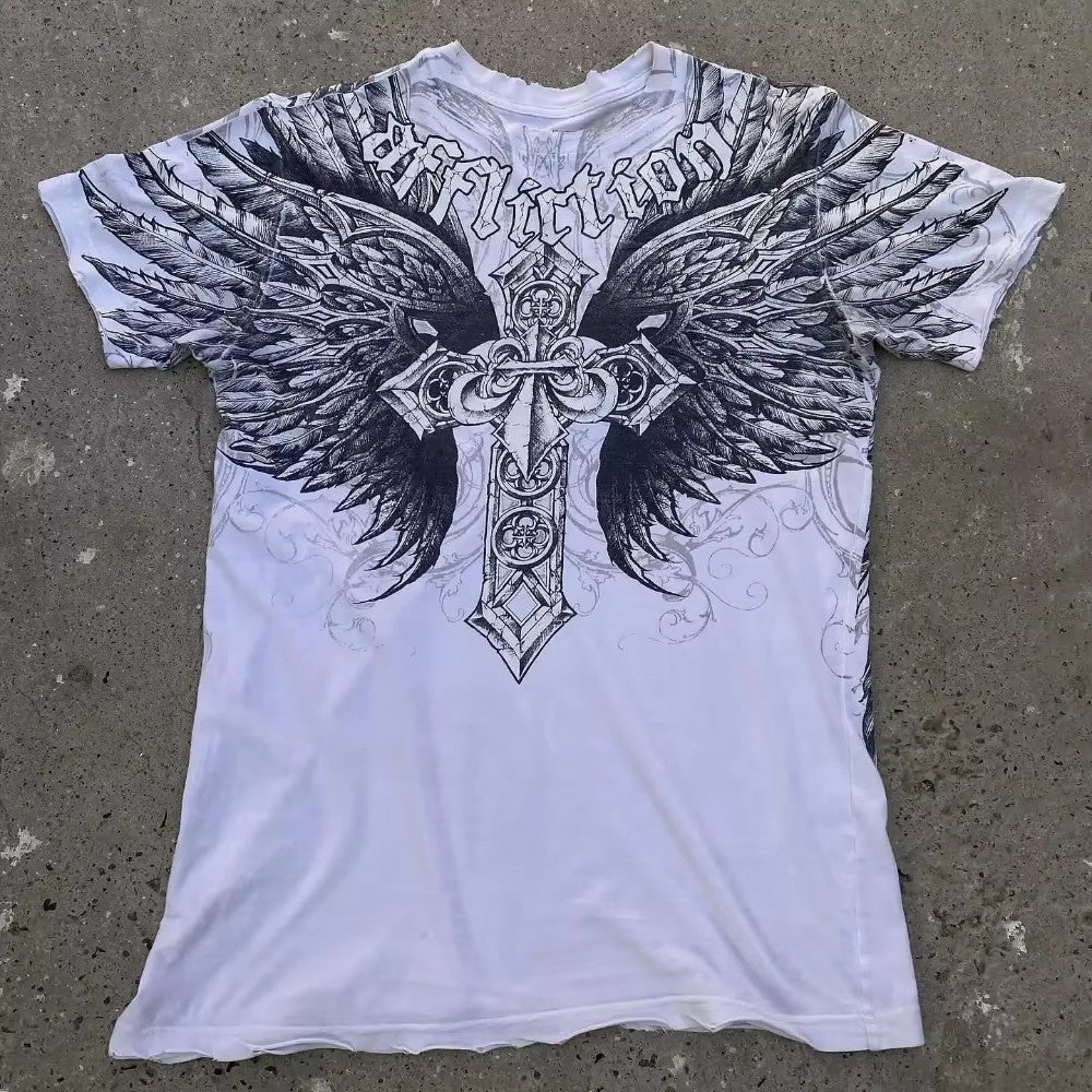 Threebooy 2000s affliction Style Street Hip Hop Clothing couple T Shirt Gothic Skull Cross Print Fashion Knight Graphic Men T shirt