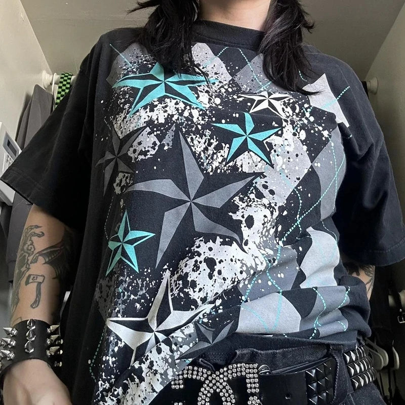 Threebooy 2000s Cyber Grunge Graphic T-shirt Y2K Star Skull Print Short Sleeve Tees Japanese Emo Vintage E girl Gothic T shirt Women Men