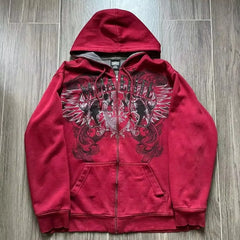 Threebooy 2000s New Cotton Red Couple Zipper Hoodies Vintage Elite Full Zip Hoodie Sweatshirt Size Skull Snake Red Y2K Sweatshirts