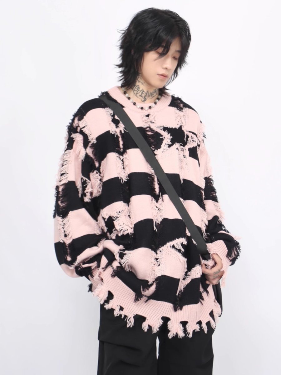 Threebooy [Mz] holes striped casual knitwear na1476