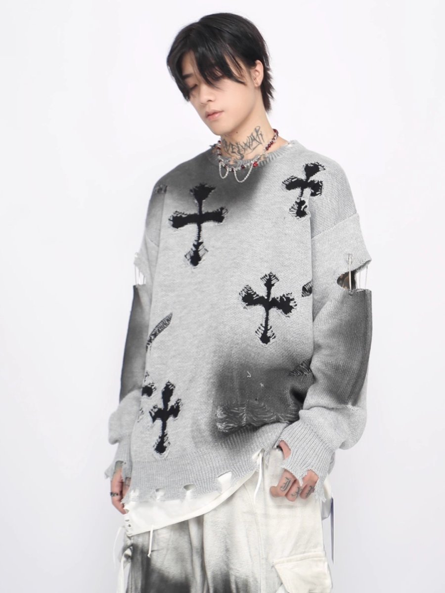 Threebooy 【Mz】high street broken hole cross pin knit na1547