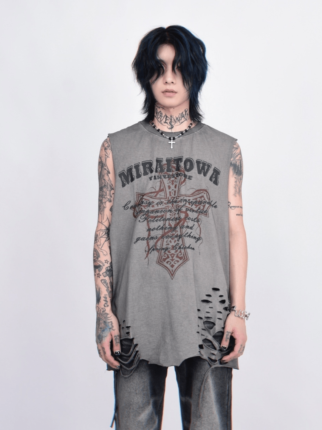 Threebooy [Mz] washed hole design high street t-shirt na1260