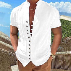 Threebooy New 100% Cotton Linen Vintage Shirts Mens Short Sleeve Stand Collar  Casual Male Blouse Summer Retro Shirt Top Men Clothing