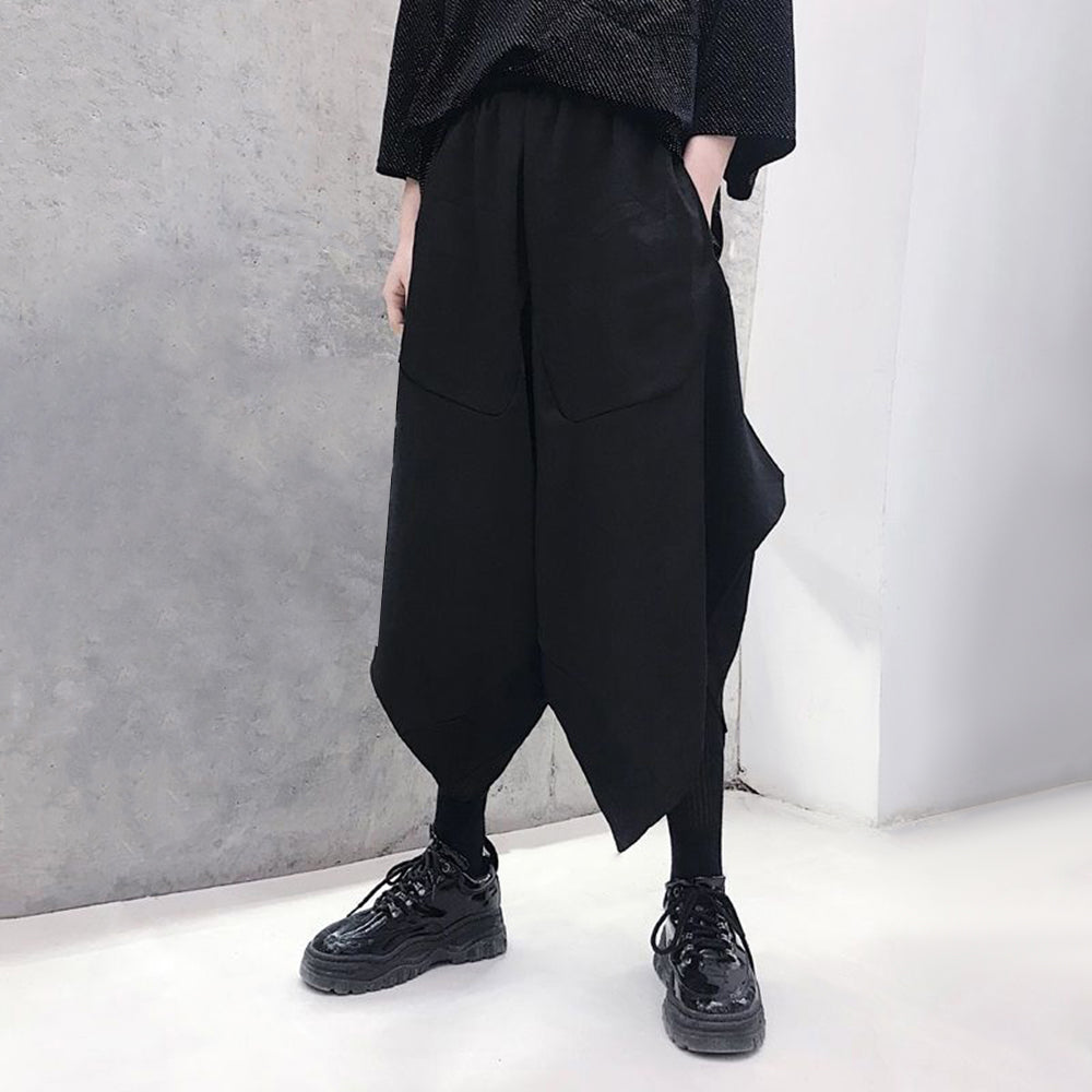 Threebooy Mens Dark Style Casual Irregular Cropped Pants New Genderless Trendy Personalized Solid Color Loose Wide Leg Pants Unisex