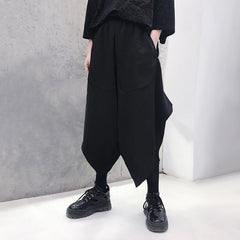 Threebooy Mens Dark Style Casual Irregular Cropped Pants New Genderless Trendy Personalized Solid Color Loose Wide Leg Pants Unisex