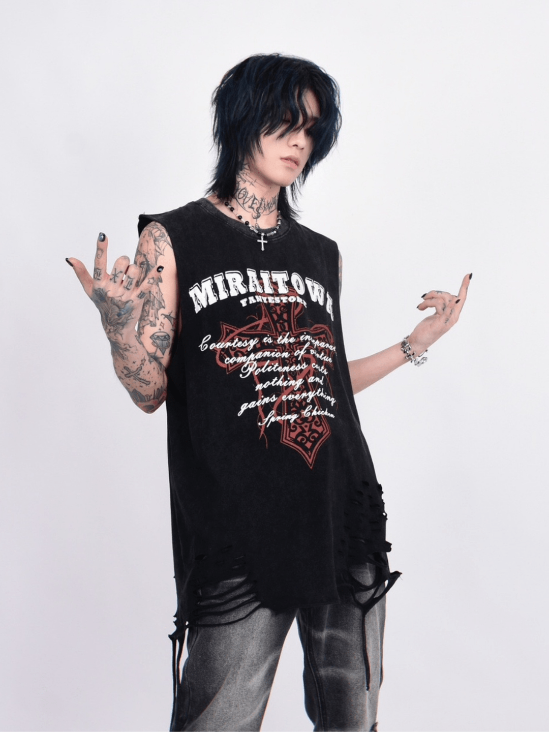 Threebooy [Mz] washed hole design high street t-shirt na1260
