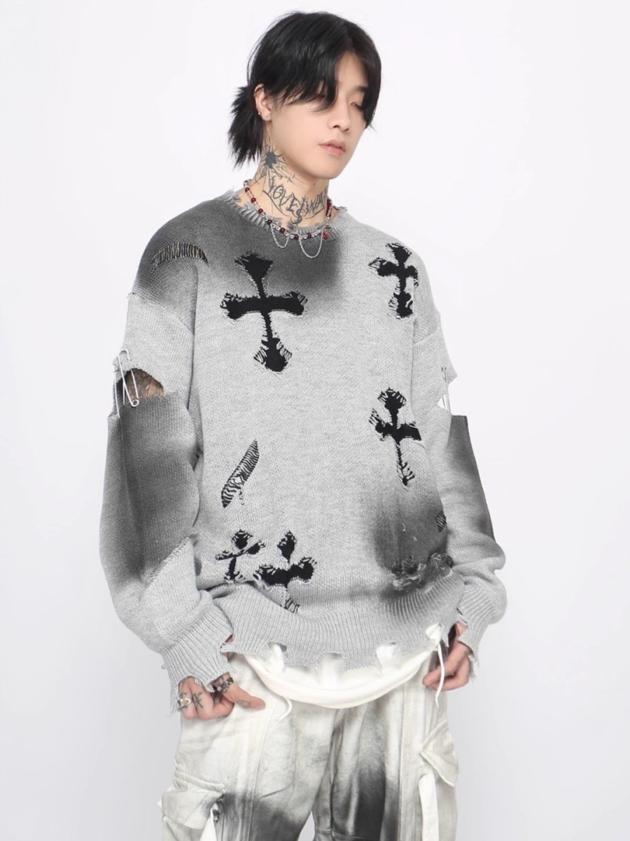 Threebooy 【Mz】high street broken hole cross pin knit na1547
