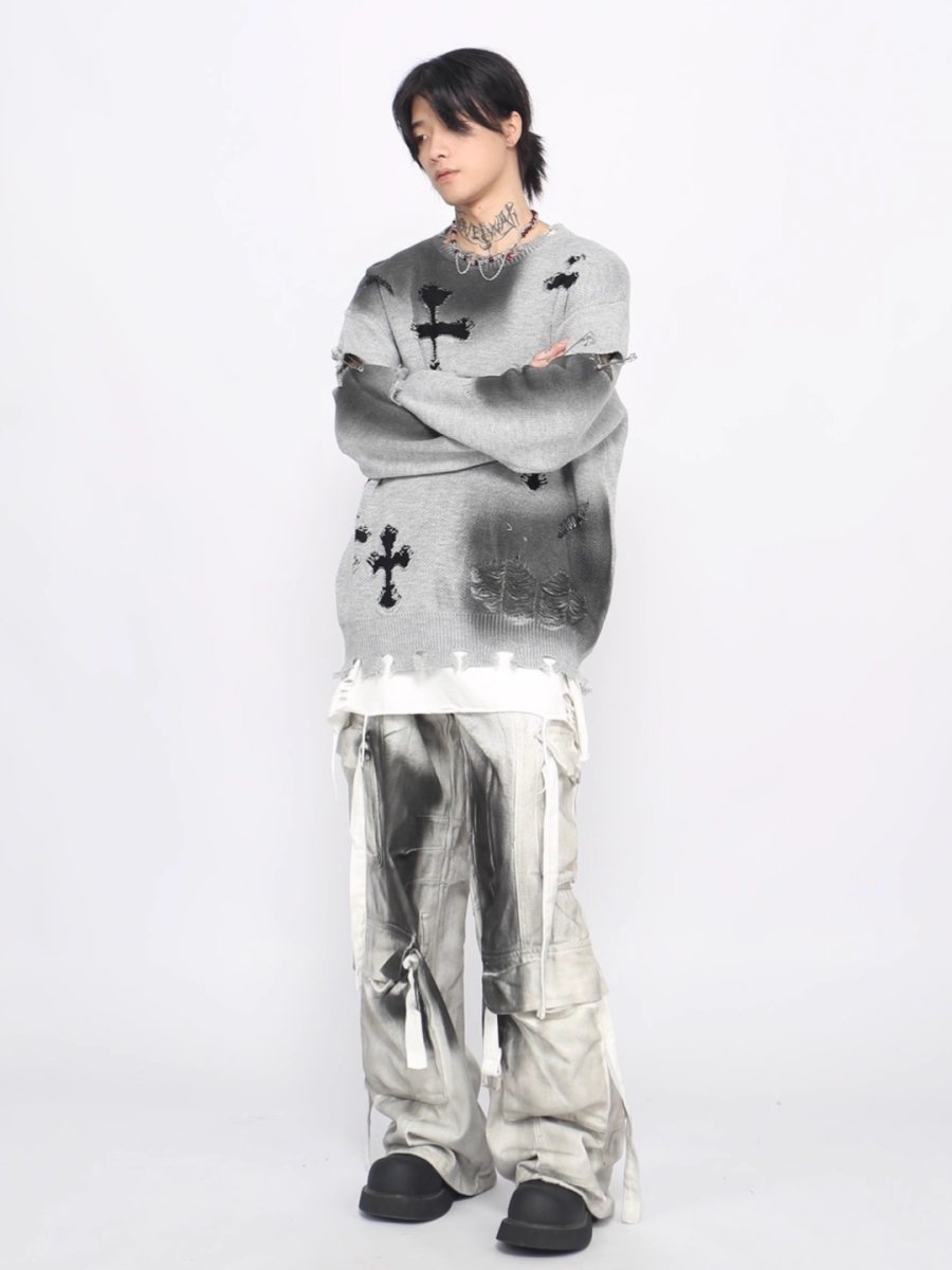 Threebooy 【Mz】high street broken hole cross pin knit na1547