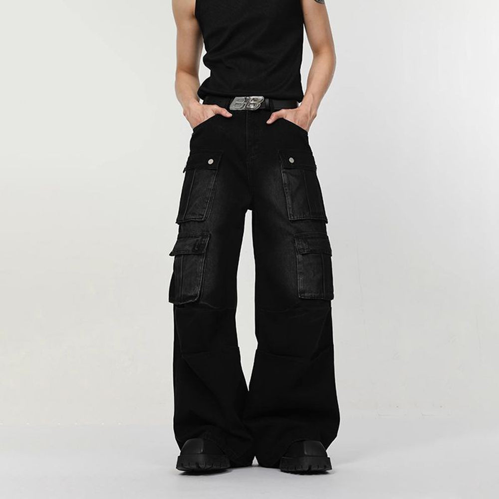 Threebooy Men Jeans Cargo Workwear Multi-Pocket Casual Pants Streetwear Fashion Trend Versatile Youth Campus Wide-Leg Pants Men'S Clothing