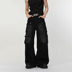 Threebooy Men Jeans Cargo Workwear Multi-Pocket Casual Pants Streetwear Fashion Trend Versatile Youth Campus Wide-Leg Pants Men'S Clothing