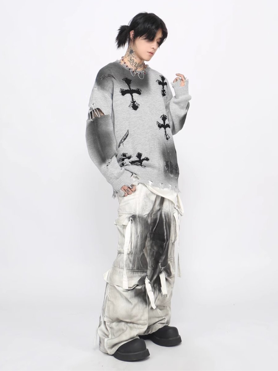Threebooy 【Mz】high street broken hole cross pin knit na1547