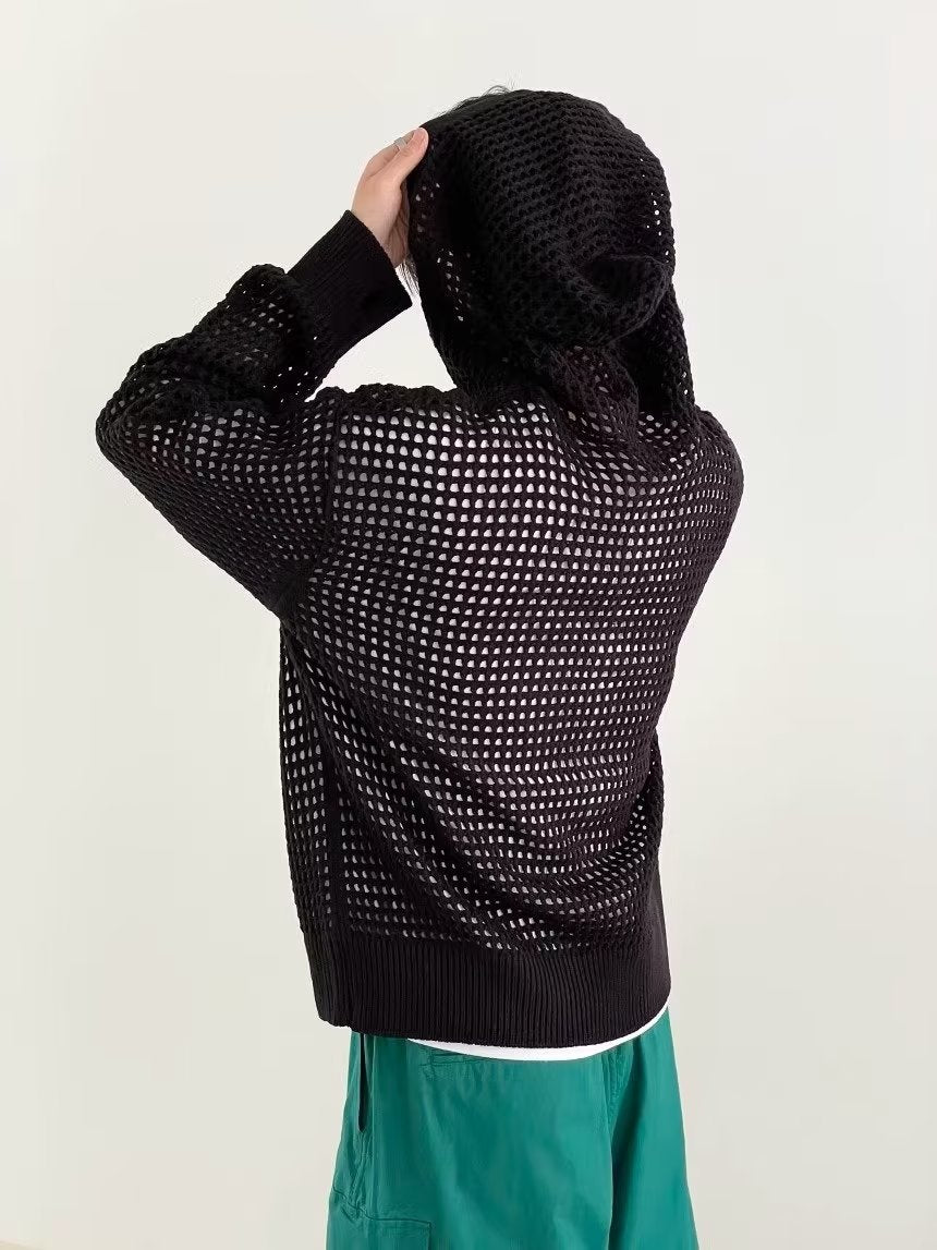Threebooy Hollow Out Knitted Hoodie Mens Jacket Loose Hooded Cardigan Spring Autumn Fashion Casual Knit Zip-Up Sweater Tops Streetwear