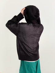 Threebooy Hollow Out Knitted Hoodie Mens Jacket Loose Hooded Cardigan Spring Autumn Fashion Casual Knit Zip-Up Sweater Tops Streetwear