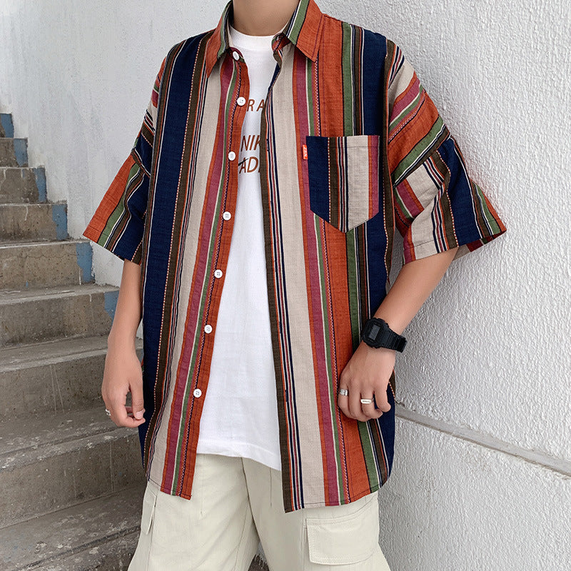 90s streetwear Summer New Men's Casual Short-Sleeved Shirt Trendy Korean Style Contrast Color Striped Loose Shirt 