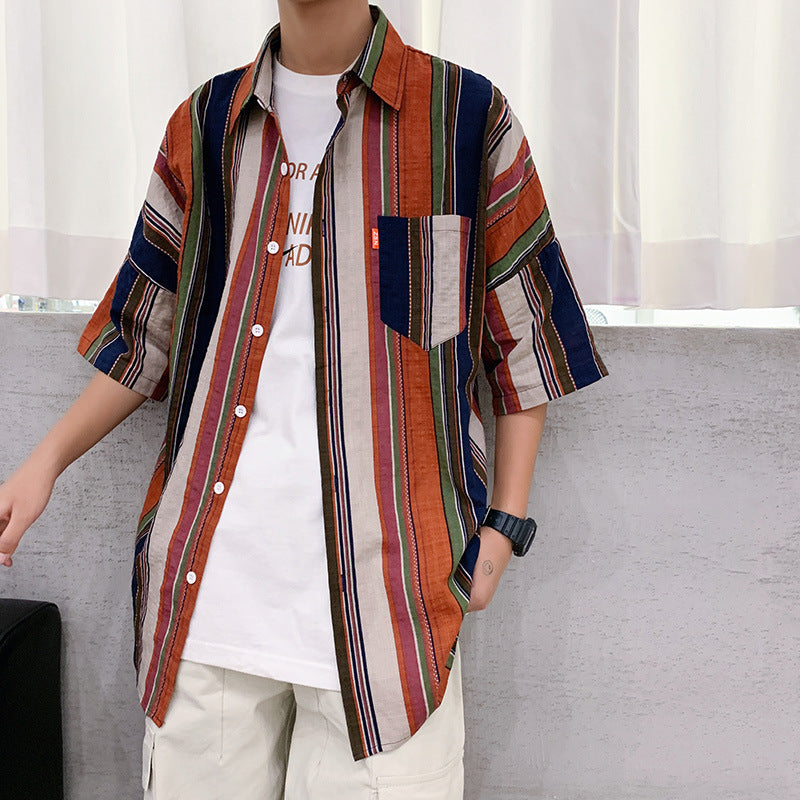 90s streetwear Summer New Men's Casual Short-Sleeved Shirt Trendy Korean Style Contrast Color Striped Loose Shirt 