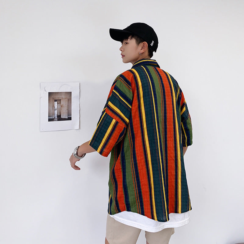 90s streetwear Summer New Men's Casual Short-Sleeved Shirt Trendy Korean Style Contrast Color Striped Loose Shirt 