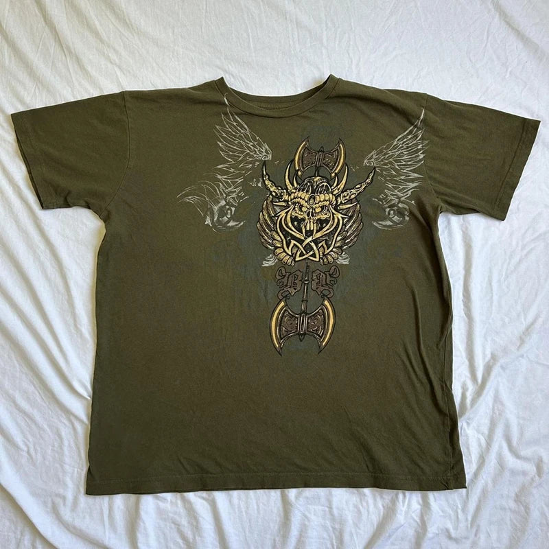 Threebooy 2000s Cyber Grunge Graphic T-shirt Y2K Star Skull Print Short Sleeve Tees Japanese Emo Vintage E girl Gothic T shirt Women Men