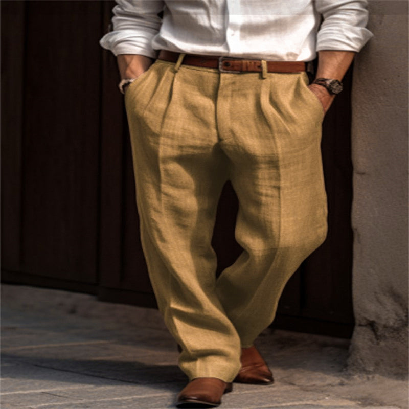 Threebooy Mens Linen Pleated Pants Front Pockets Straight Cotton Blend Long Trousers Spring Summer Holiday Fashion Loose Pant Oversized