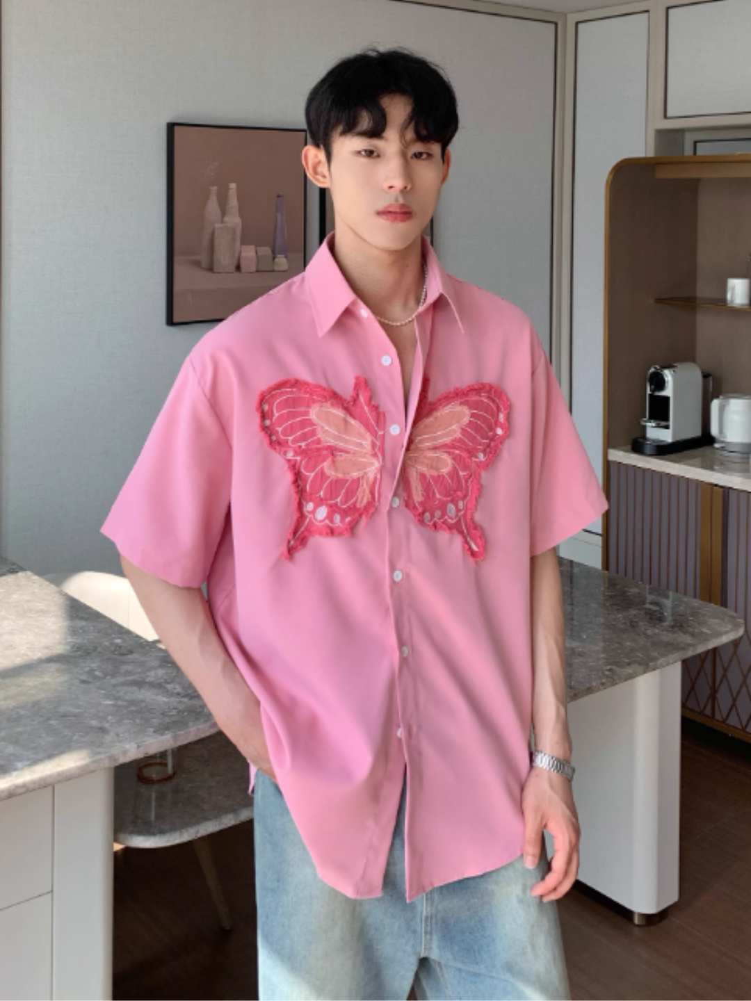 Threebooy [CUIBUJU] Butterfly Casual Short Sleeve Shirt na1203