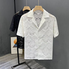 Threebooy Vintage Ice Silk Lace Shirts For Men Sexy Lace Breathable Hollow Out Tops Summer Fashion Cuban Collar Short Sleeved Shirt Male