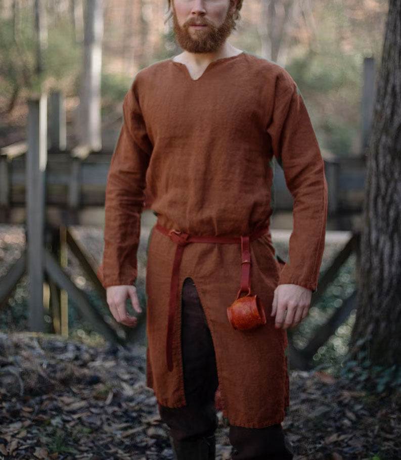 Threebooy Streetwear Long Sleeve Tshirt For Men European Medieval Knight Top Vintage Loose V-neck Split Long Gown Pullover