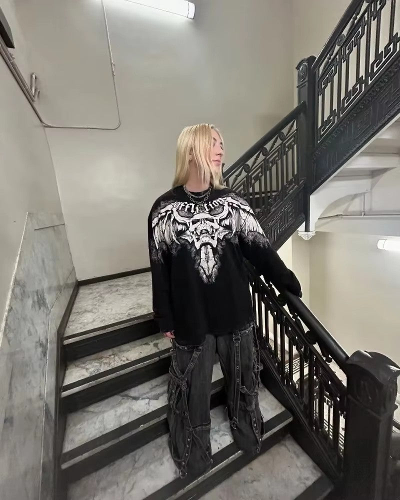 Threebooy 2000s affliction Gray Hooded Sweater Men's Trend Joker Harajuku Hip Hop Street Couple Angel Wings Hooded Coat New Sweatshirt