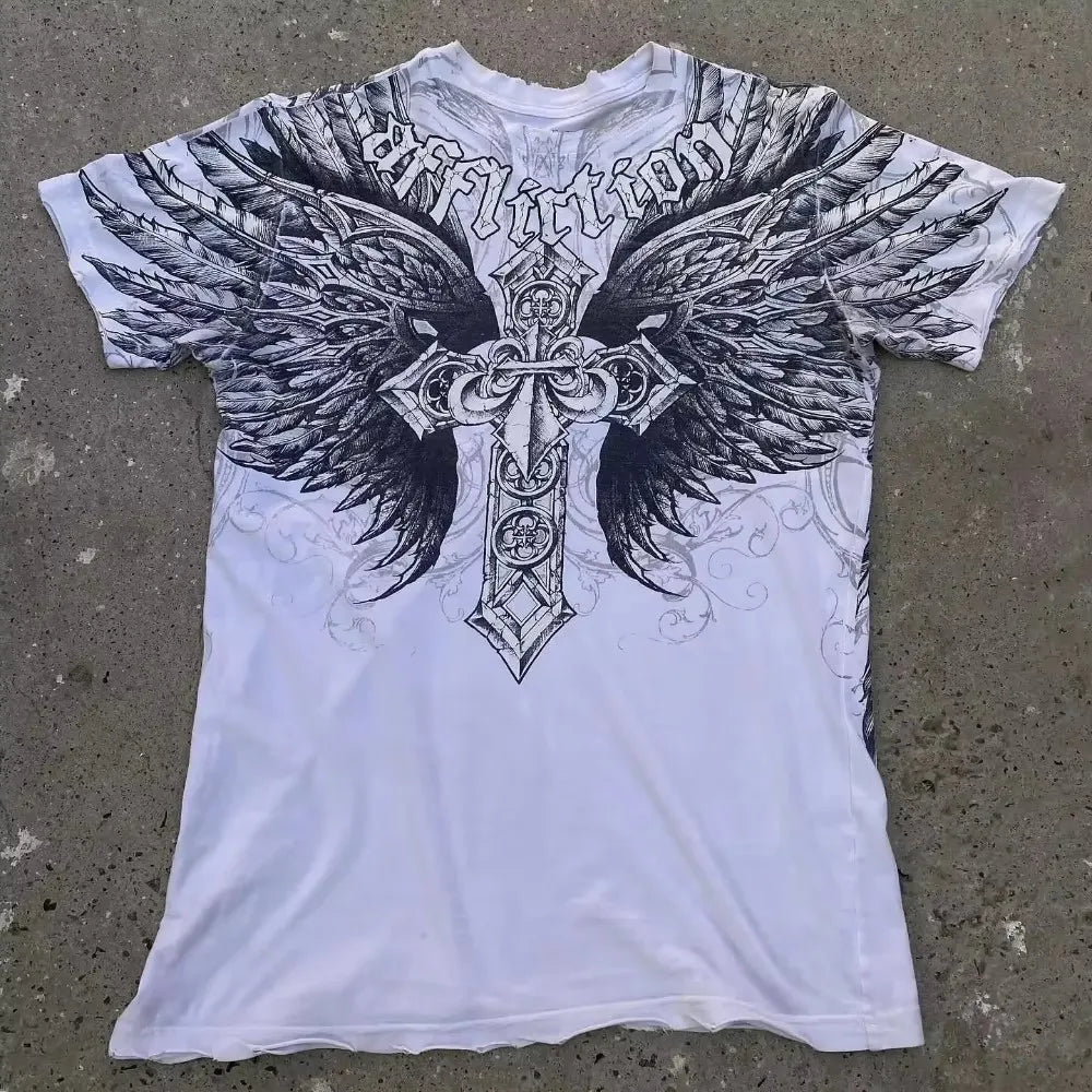 Threebooy 2000s affliction new Style Street Hip Hop Clothing couple T Shirt Gothic Skull Cross Print Fashion Knight Graphic Men T-shirt