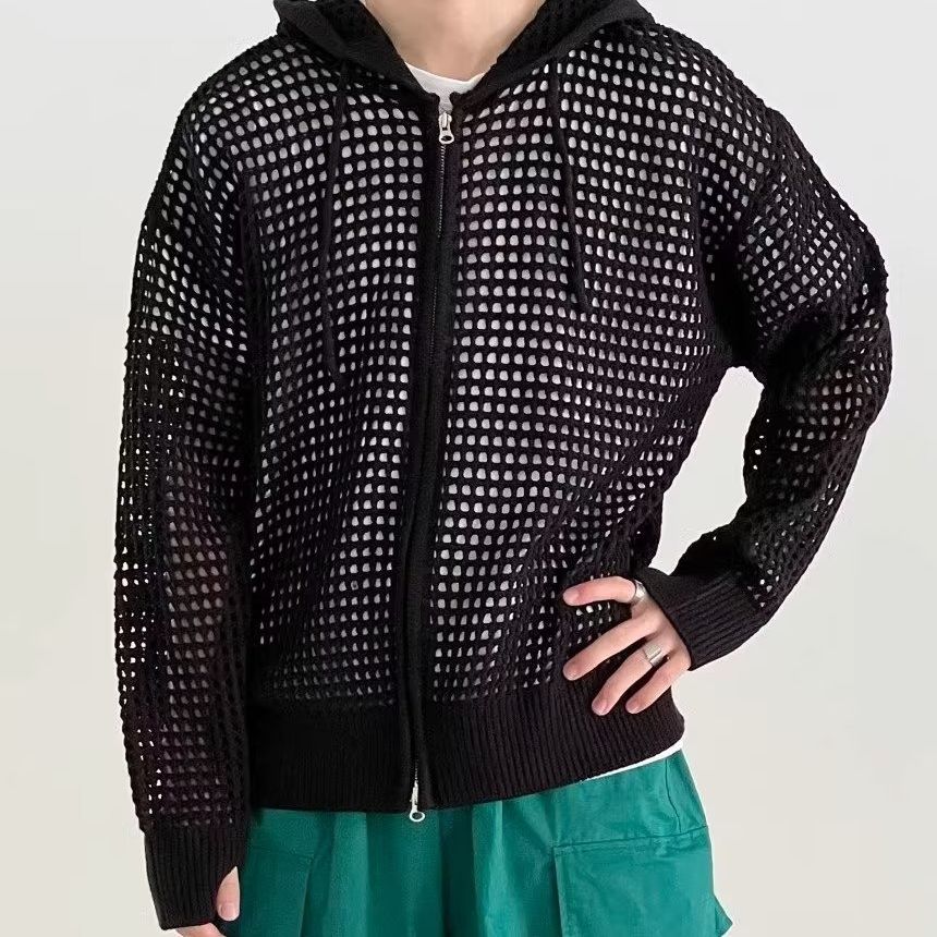 Threebooy Hollow Out Knitted Hoodie Mens Jacket Loose Hooded Cardigan Spring Autumn Fashion Casual Knit Zip-Up Sweater Tops Streetwear