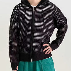 Threebooy Hollow Out Knitted Hoodie Mens Jacket Loose Hooded Cardigan Spring Autumn Fashion Casual Knit Zip-Up Sweater Tops Streetwear