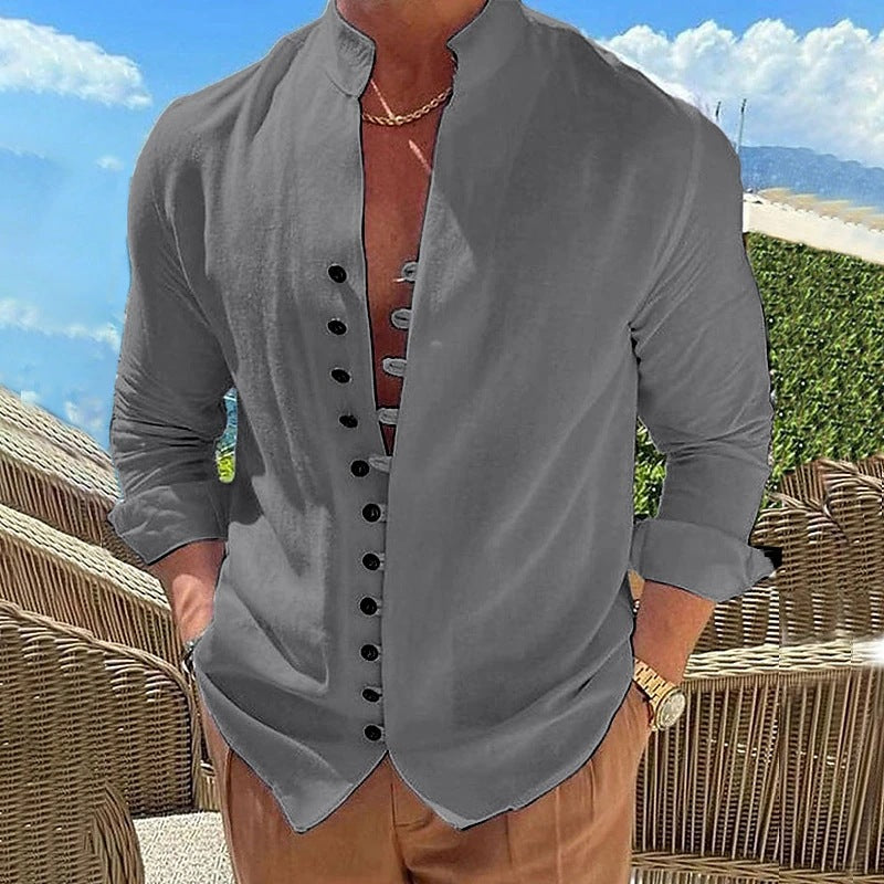 Threebooy Vintage Mens 100% Cotton Linen Shirts Long-Sleeved Stand Collar Casual Tops Spring Summer Fashion Men Clothing Retro Shirt