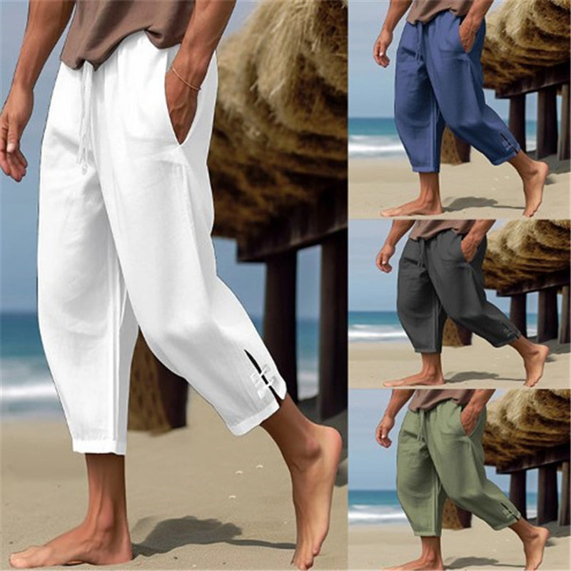 Threebooy Summer Mens Linen Cropped Pants Oversize Loose Feet Forked Pencil Pant Fashion Casual Pantalones Beach Trousers Streetwear