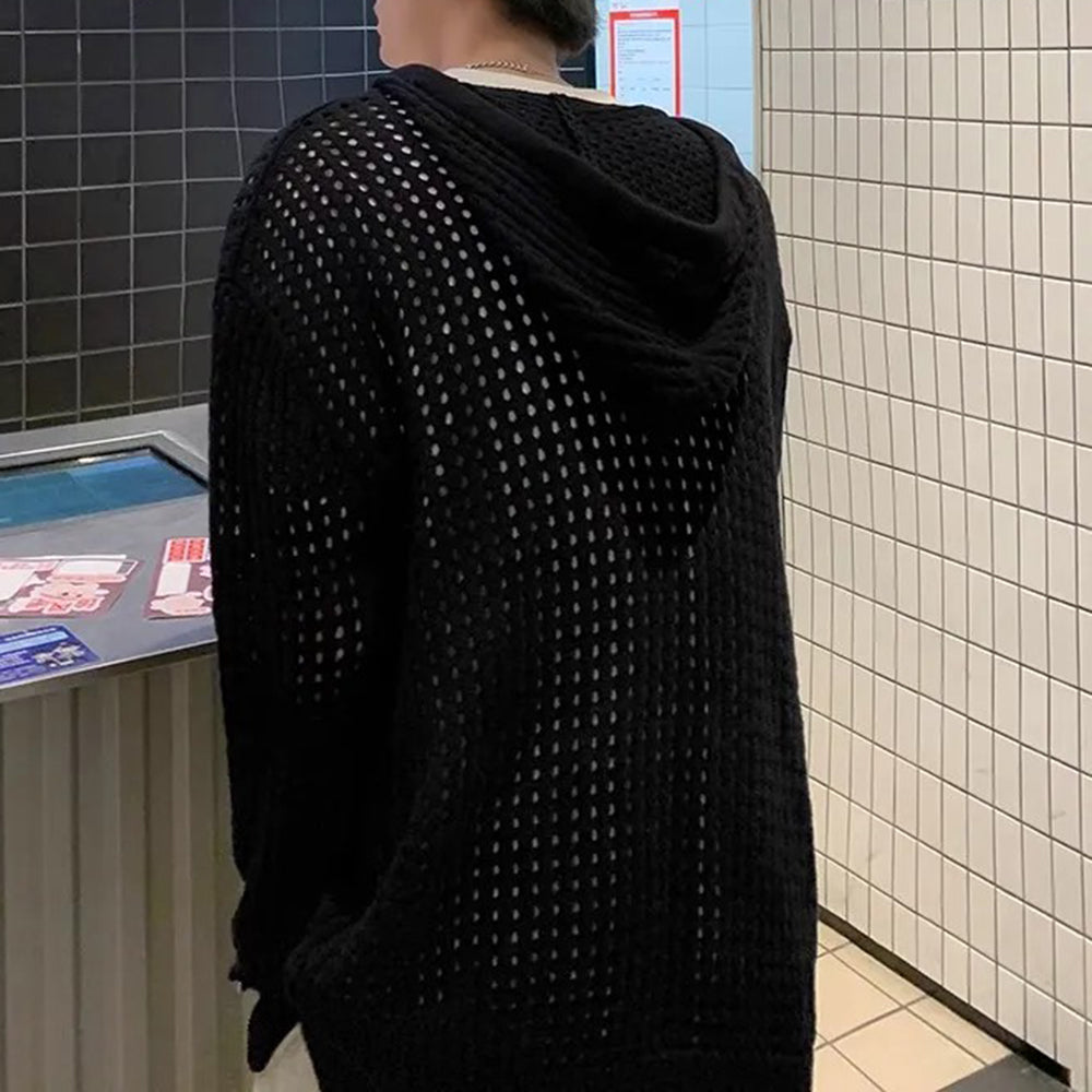 Threebooy Men Hooded Sweater Hollow Outerwear Knit Sweater Fashion Streetwear Versatile Campus Performance Long-Sleeve Tops Men'S Clothing