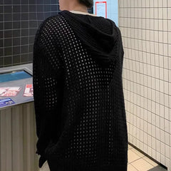 Threebooy Men Hooded Sweater Hollow Outerwear Knit Sweater Fashion Streetwear Versatile Campus Performance Long-Sleeve Tops Men'S Clothing