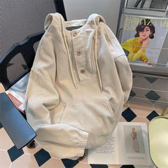 Threebooy Japan Style Oversized Corduroy Hoodie Men Women Long Sleeved Loose Hooded Coats Fall Trendy Lazy Fat Unisex Tops Sweatshirt
