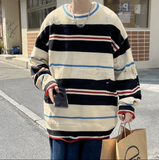 Threebooy Ruffian handsome striped tattered knitwear men's Korean version trend loose small crowd high street hip-hop couple round neck