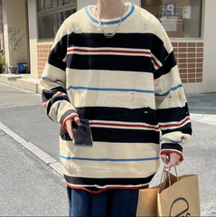 Threebooy Ruffian handsome striped tattered knitwear men's Korean version trend loose small crowd high street hip-hop couple round neck