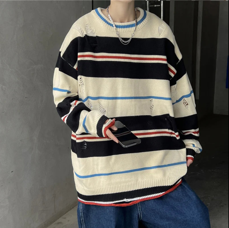 Threebooy Ruffian handsome striped tattered knitwear men's Korean version trend loose small crowd high street hip-hop couple round neck