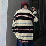 Threebooy Ruffian handsome striped tattered knitwear men's Korean version trend loose small crowd high street hip-hop couple round neck