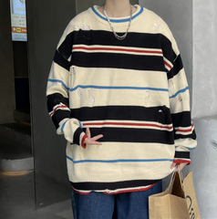 Threebooy Ruffian handsome striped tattered knitwear men's Korean version trend loose small crowd high street hip-hop couple round neck