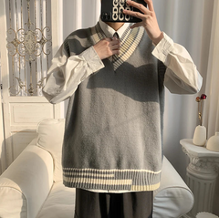 Threebooy Oversized V-neck Sweater Vest Men Warm Fashion Casual Knitted Pullover Men Korean Loose Sleeveless Sweater Mens Clothes