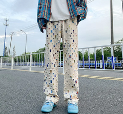 Threebooy Hollow Out Pants Men Fashion Oversized Wide Leg Pants Men Streetwear Hip-hop Loose Straight Plaid Pants Mens Cotton Trousers