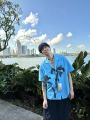 Threebooy 2024 Spring Summer New Fashionable Coconut Tree Print Graffiti Holiday Style Hawaiian Shirt Blue Short-Sleeved Shirt Top For Men