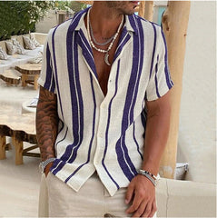 Threebooy New Men's Slub Cotton Shirt Stripe Short Sleeve Collar Cardigan Summer Fashion Loose Oversize Shirts Top Streetwear Male