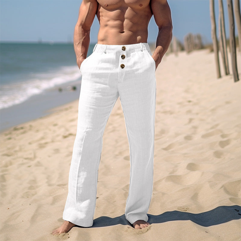 Threebooy Cotton Linen Casual Pants For Men Solid color Buttoned Loose Comfort Ventilate Long Trousers Spring Summer Beach Pant Streetwear
