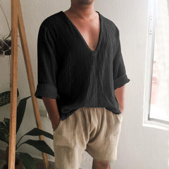 Threebooy Spring Summer Mens V Neck Cotton Linen T-shirt Loose Solid Long Sleeve Pullovers Tops Fashion Casual Clothing Streetwear